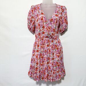 Lucky Brand Mila Pink Floral Faux Wrap Dress Short Sleeve Tiered Hem Womens S